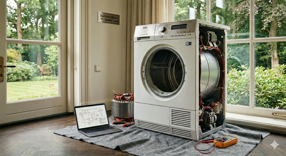 Tumble dryer opened up with tools beside it during a repair at home