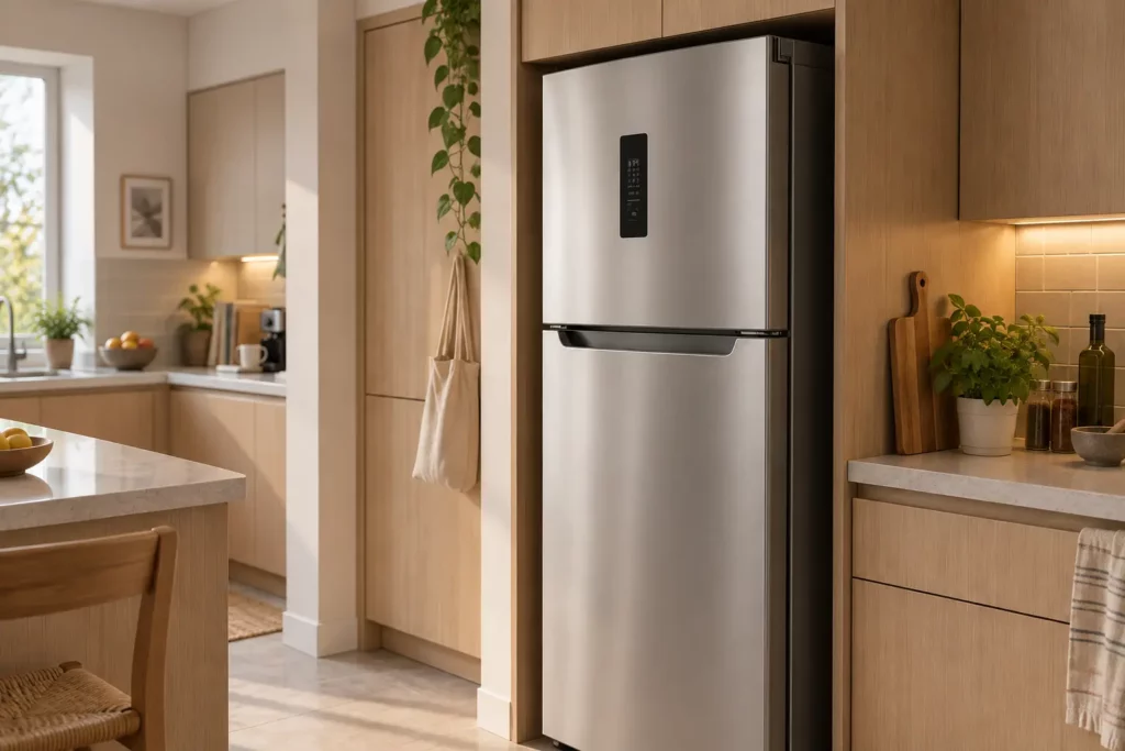Réfrigérateur inox dans une cuisine en bois clair