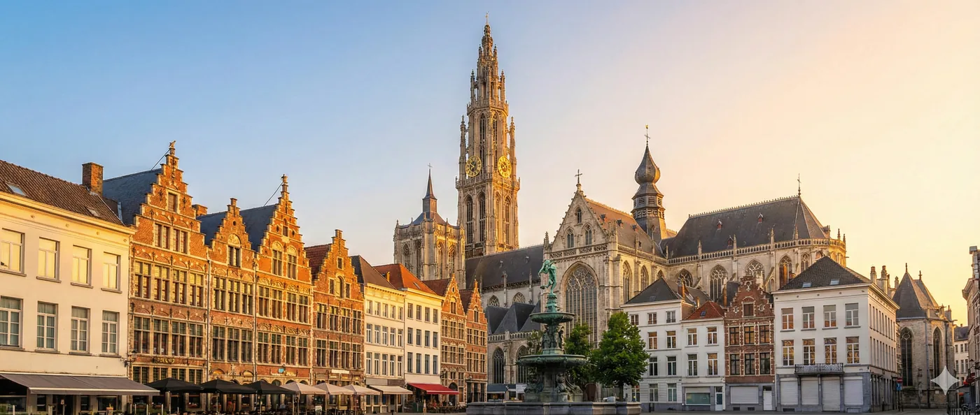 The Grote Markt in Antwerp with the tower of the Cathedral of Our Lady behind it