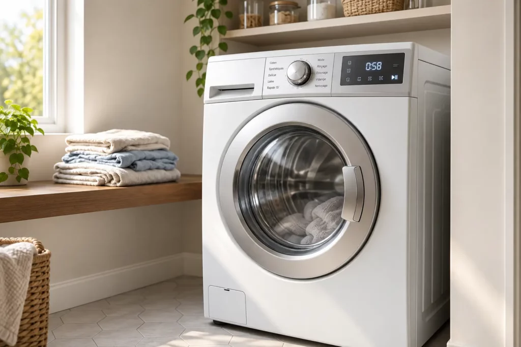 Lave-linge ouvert dans une buanderie lumineuse