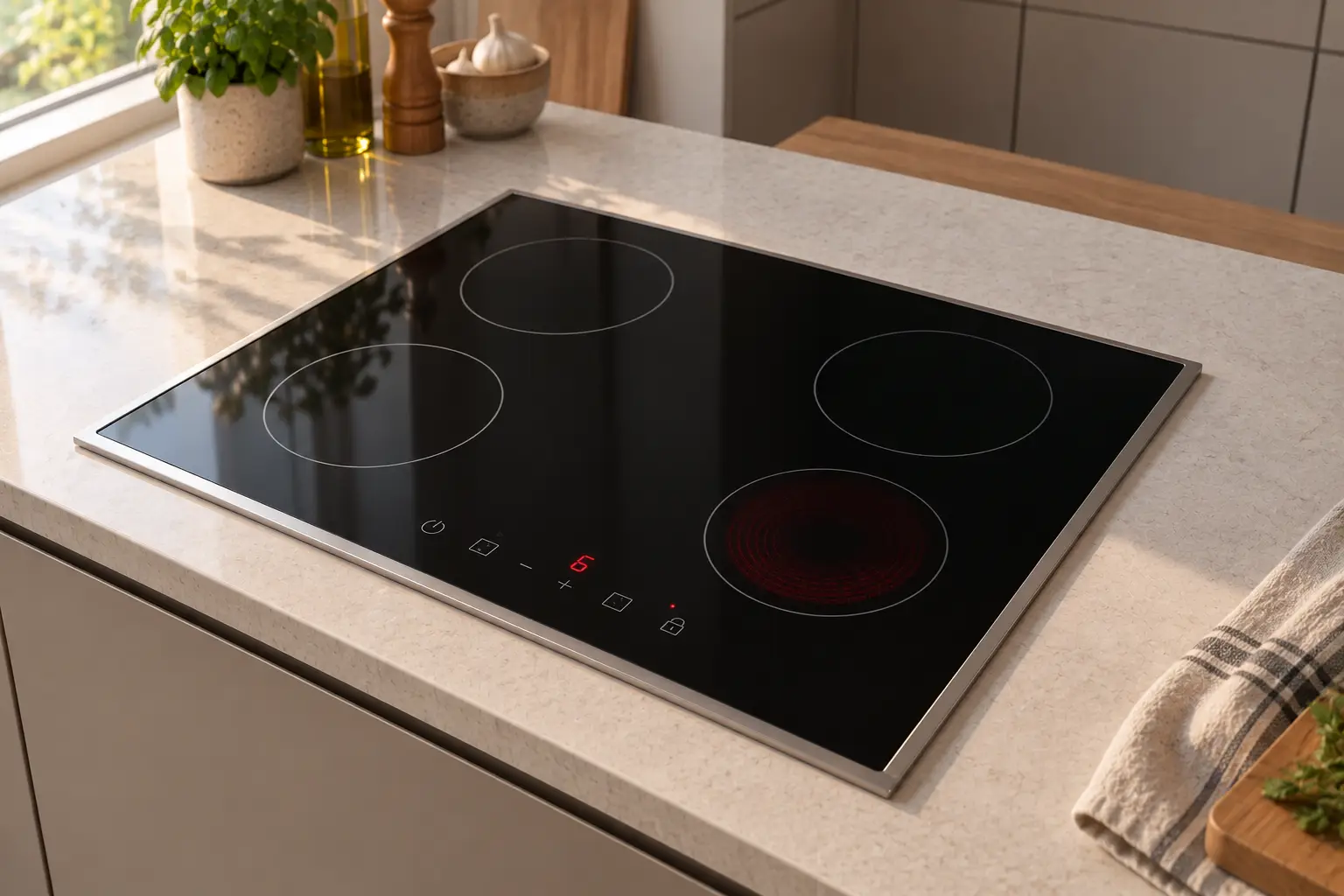 Kookplaat in een keuken met lichte houten kasten