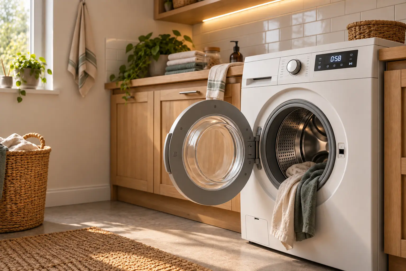 Sèche-linge ouvert avec du linge propre dans le tambour