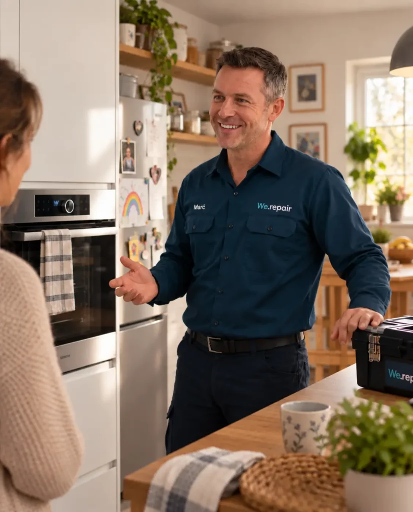 Technicien Repairdoctors en discussion avec une cliente dans sa cuisine