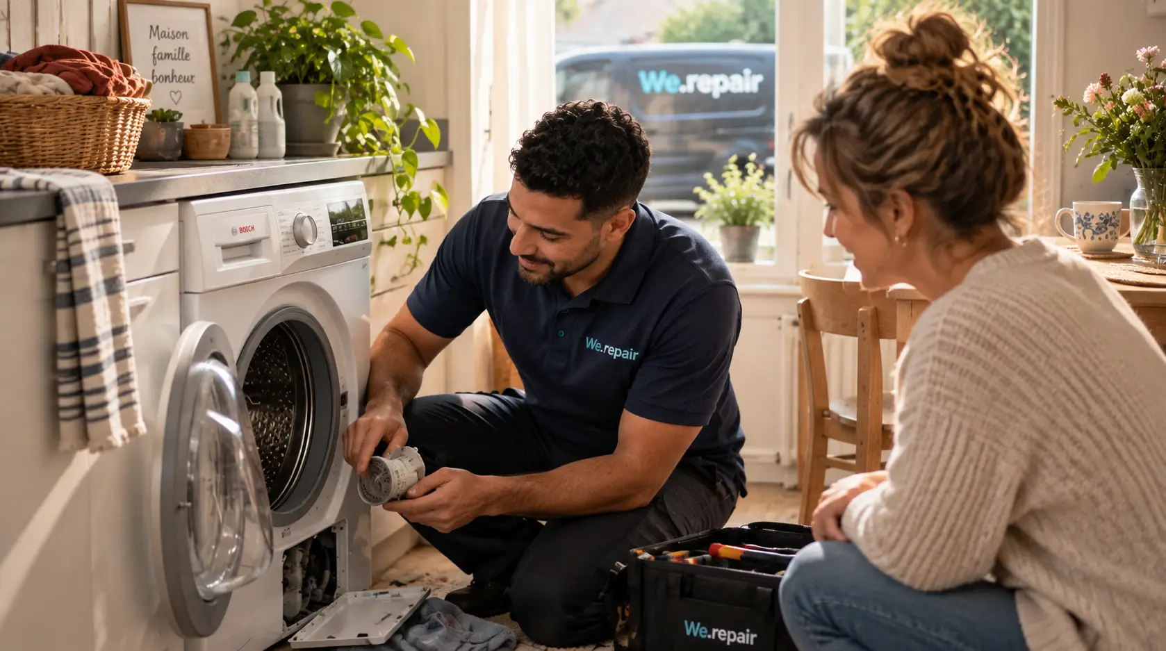 Technieker van Repairdoctors herstelt een wasmachine terwijl de klant toekijkt