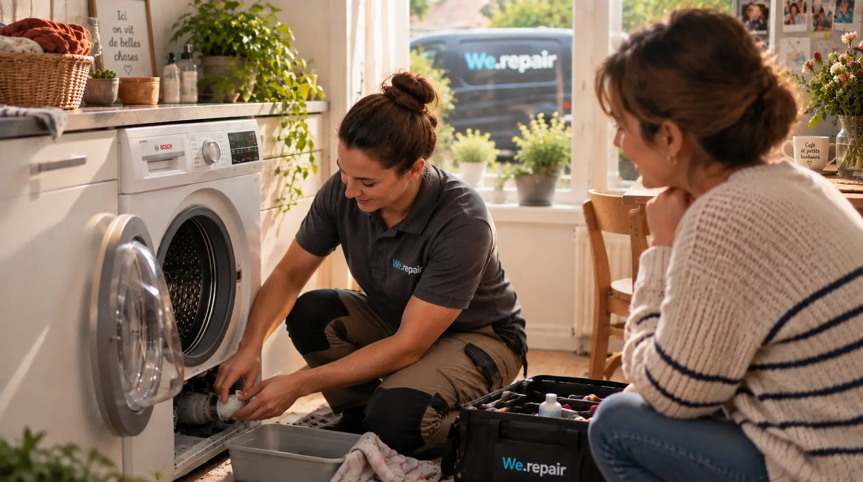 Technieker van Repairdoctors herstelt een wasmachine terwijl de klant toekijkt
