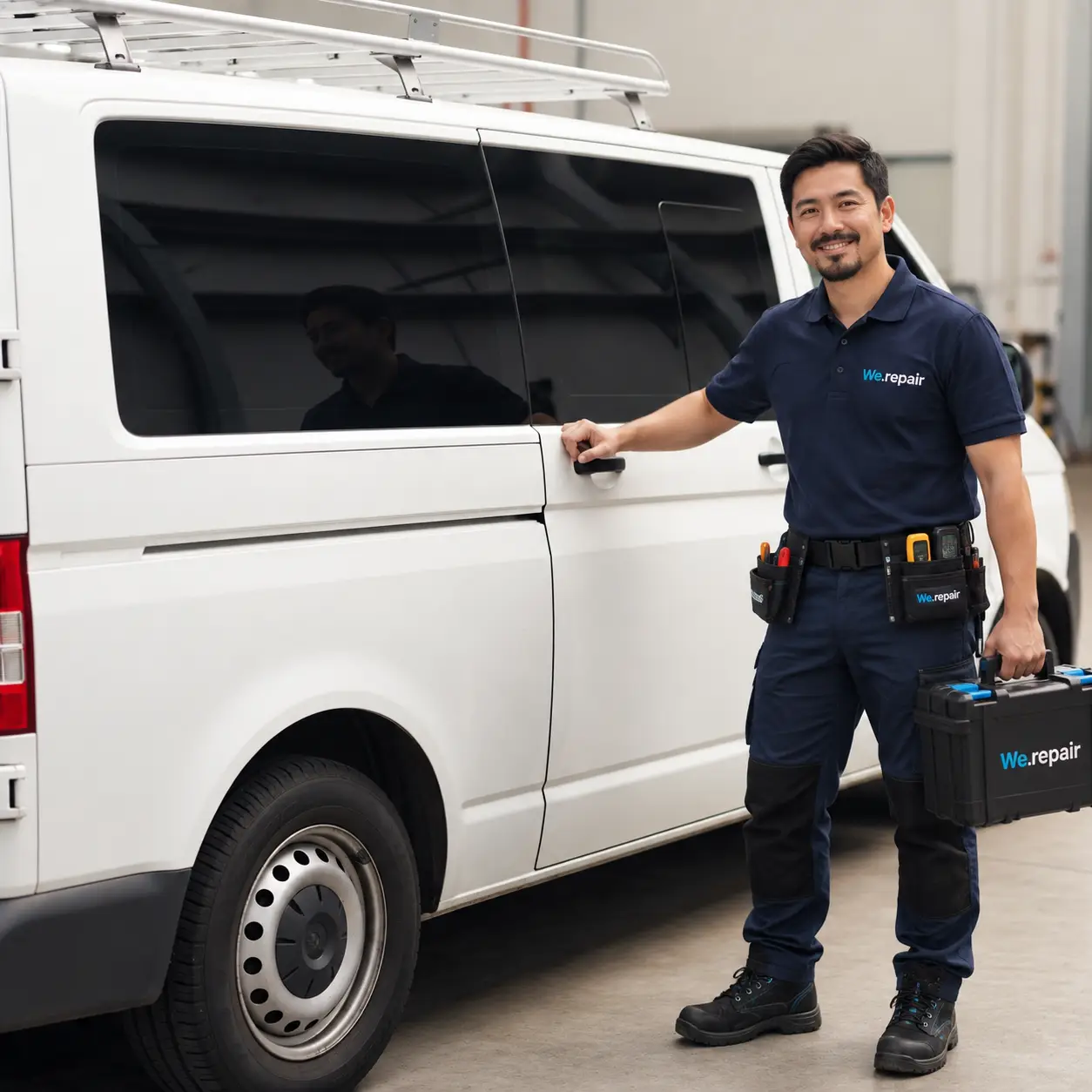 Technieker van Repairdoctors naast zijn bestelwagen