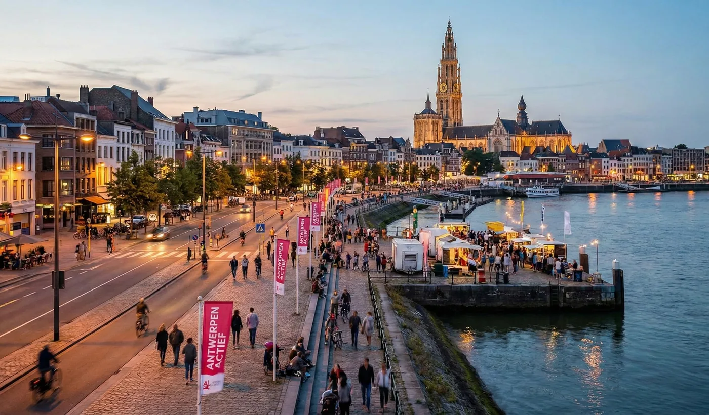 The Antwerp quays along the river Scheldt at dusk