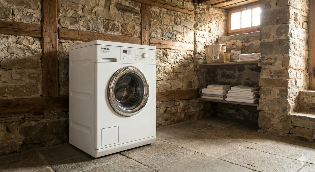 Washing machine in an old laundry room, ready to be inspected